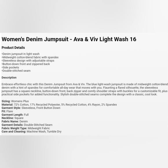 Women's Denim Jumpsuit - Ava & Viv Light Wash 16 - Picture 4 of 4